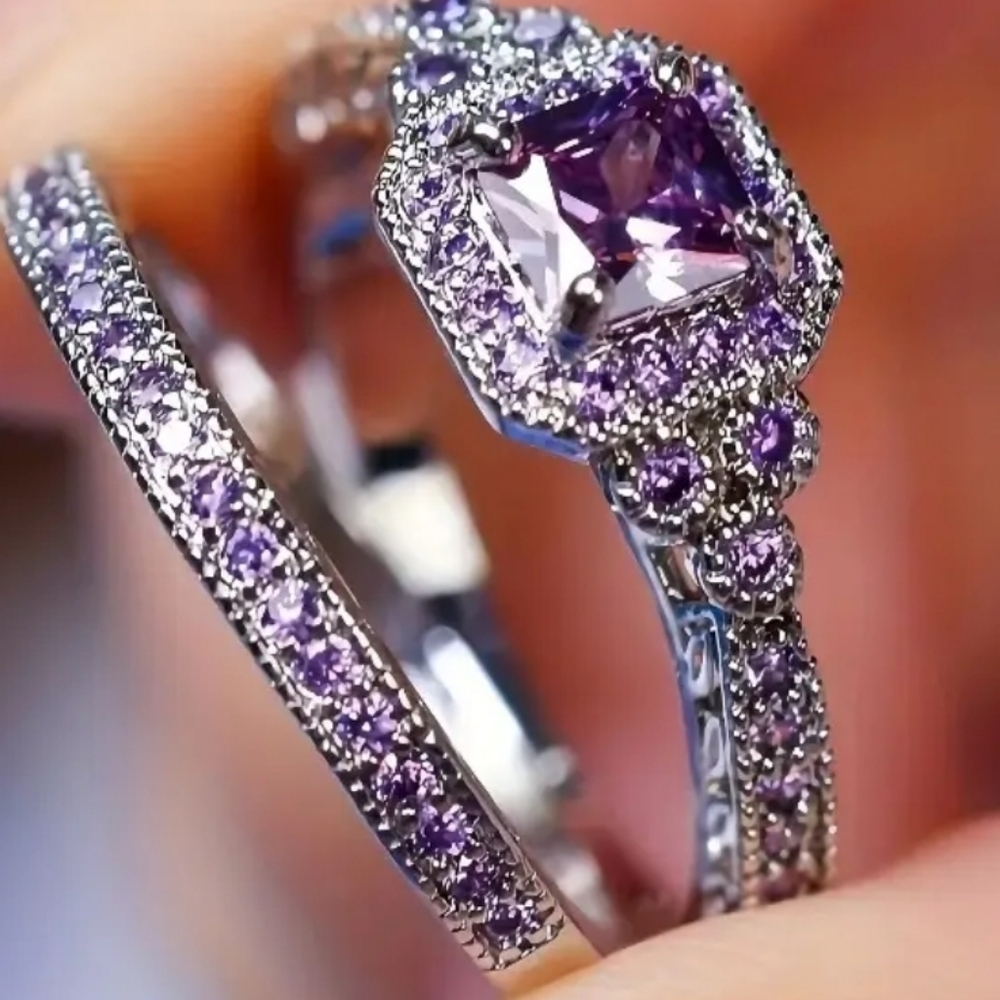 Purple Cz and Silver Alloy Engagement Rings Set